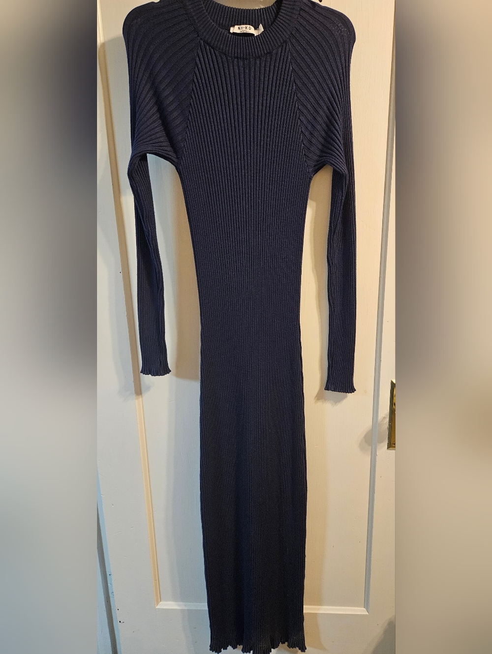 NA-KD Ribbed Knit Maxi Dress Long Sleeve Bodycon Navy Knit Dress Blue Size M